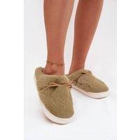 Love Lace Women's Fur Bow Front Slip On Slippers Cozy Warm Soft Insole For Home in Green | Size: 8