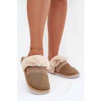 Love Lace Women's Cozy Soft Fabric Slippers with Faux Fur & Embroidery Warm in Khaki | Size: 6
