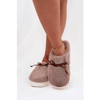 Love Lace Women's Fur Bow Front Step In Slippers Soft Insole Warm Indoor Comfort in Taupe | Size: 6
