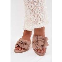 Love Lace Women's Suede Style Flower Strap Flat Sole Soft Insole Slippers Summer in Beige | Size: 3.5