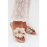 Love Lace Women's Suede Flower Strap Slide Slippers with Comfort Flat Sole in Beige | Size: 3.5