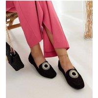 Love Lace Women's Celena Slip On Moccasins Suede Look Rubber Sole Zircon Toe in Black | Size: 6.5