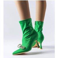 Love Lace Women's Elegant Heel Boots with Zirconia Mars Bow & Zipper Closure in Green | Size: 5.5