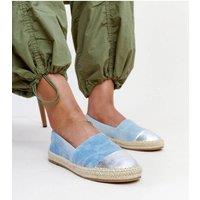 Love Lace Women's Surana Espadrilles Slip On Blue Silver Shine Rubber Sole | Size: 5.5