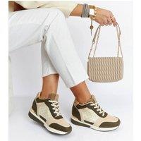 Love Lace Women's Chestnut Suede Wedge Sneakers with Adjustable Lacing Closure in Green | Size: 6.5