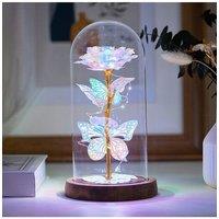 Living and Home Two Butterfly Rose in Glass Dome with Wooden Base & LED Lighting for Gifts