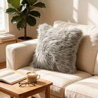 Garden Sanctuary Square Fluffy Faux Fur Throw Pillow Cover Grey
