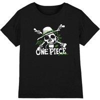 One Piece Green Doodle Jolly Roger Logo Kids T-Shirt, Black | Size: 7-8 Years