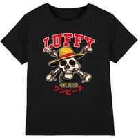 One Piece Luffy Collegic Skull Kids T-Shirt, Black | Size: 12-13 Years