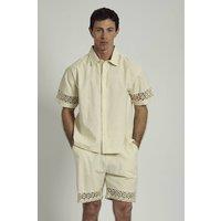 Native Youth Men's Cotton Linen Blend Short Sleeve Crochet Shirt in Cream | Size: Large