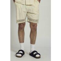 Native Youth Men's Cotton Linen Blend Crochet Panel Elasticated Shorts in Natural | Size: Large