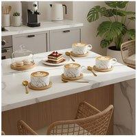 Living and Home 4pcs Ceramic Coffee Cups with Saucers, Spoons & Metal Stand in White | Size: 5 Pack