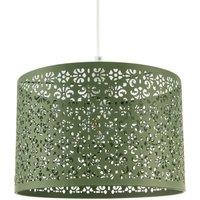 Happy Homewares Olive Green Moroccan Metal Pendant Light Shade with Floral Decoration | Size: 12 inches