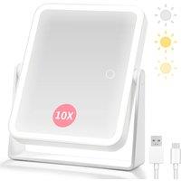 Vanexiss 1X/10X Magnifying LED Mirror with 3 Colors Touch Dimming Rechargeable in White