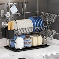 FLAVORA Black 2 Tier Dish Drainer Rack with Drip Tray & Cutlery Holder | Size: 1000mm