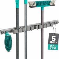 NESTLUNE Wall Mounted Broom Holder with 5 Grippers 6 Hooks in Grey