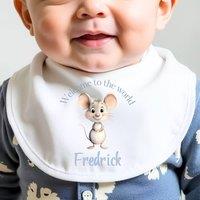 Aye Do Gifts Men's Personalised Blue Mouse Welcome to the World Baby Bib | Gift UK in White