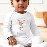 Aye Do Gifts Men's Personalised Blue Mouse Welcome to the World Babygrow | Gift UK in White | Size: 6-12