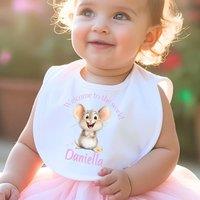 Aye Do Gifts Women's Personalised Pink Mouse Welcome to the World Bib | UK in White