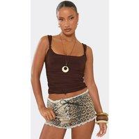EGO Women's Lace Up Leopard Print Denim Low Rise Shorts in Tan | Size: 10