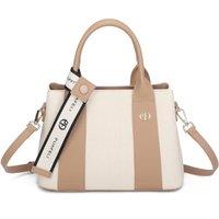 Fontanella Fashion Women's Mori PU Leather Triple Compartment Structured Canvas Top-Handle Tote Bag in Camel