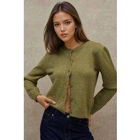 Hiccup Women's Crew Neck Knitwear Soft Touch Cardigan in Khaki | Size: Medium