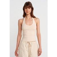 Dilvin Women's Ribbed Halterneck Sleeveless Blouse in Beige | Size: Medium