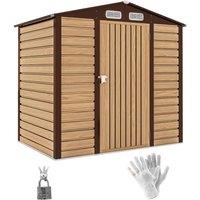 Rolipo 4 x 6ft Galvanised Steel Garden Shed with Lock & Gloves, Oak in Brown