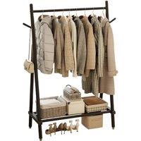 YQJJGL Rolling Solid Wood Coat Rack with Hanging Rod & Storage Shelves in Black