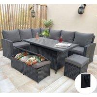 Furniture Maxi Rosen 9 Seater Rattan Garden Dining Set With Storage Bench & Stool in Black