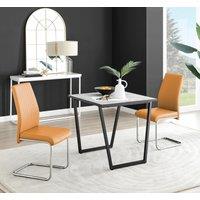 FurnitureboxUK Carson White Marble Effect Square Dining Table & 2 Faux Leather Lorenzo Chairs in Mustard