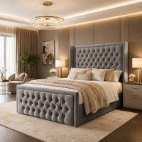 Desire Deco Luxury Wingback Upholstered Chesterfield Bed Frame in Grey | Size: Small Double