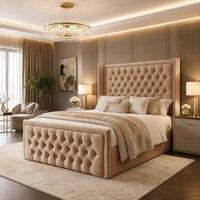 Desire Deco Luxury Wingback Upholstered Chesterfield Bed Frame in Beige | Size: King