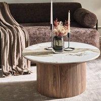 Wyld and Coco Ceramic Coffee Table 80cm White Marble Ceramic Top Ribbed Brown