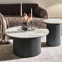 Wyld and Coco Round Ceramic Coffee Table 80 cm White Marble Top Black Ribbed Wood