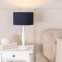 ValueLights Victoria White Wood Traditional Stem Table Lamp with Fabric Drum Shade in Navy