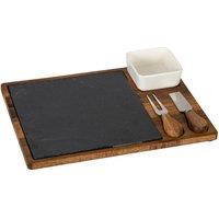 KDMD Acacia Cheese Board Set with White Bowl Slate & Cutlery in Brown