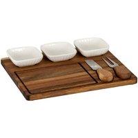 KDMD Acacia Cheese Board Set with White Ceramic Bowls & Cutlery in Brown