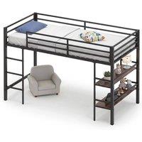 Costway Single Size Metal Loft Bed w/Storage Shelves No Box Spring Needed in Brown