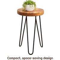 FORGEVIO Round Industrial Side Coffee Table Wood Top Black Metal Frame in Brown