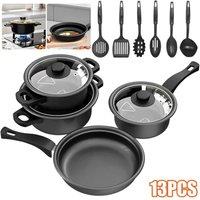 Nordara 13 Piece Non-Stick Cookware Set Frying Pan Saucepan Cooking Pots in Black | Size: 1000L