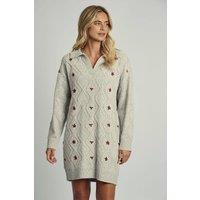 Native Youth Women's Floral Embroidered V-Neck Knitted Jumper Mini Dress in Grey | Size: XS