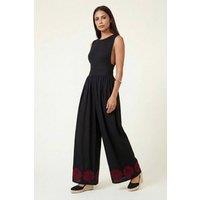 Raffya Women's Vanessa Wide Leg Embroidered Jumpsuit in Black | Size: 14