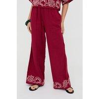 Raffya Women's Milly Wide Leg Embroidered Trouser in Burgundy | Size: 12