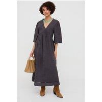 Raffya Women's Ibiza Smock Embroidered Midi Dress in Charcoal | Size: 10