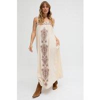 Raffya Women's Sapphire Spaghetti Strap Embroidered Maxi Dress in Cream | Size: 14
