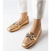 Love Lace Women's Elegant Slip On Moccasins with Zircon Detail Brown Sole in Gold | Size: 4.5