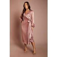 Coast Women's Metallic Blouson Sleeve Tie Wrap Pleated Midi Dress in Blush | Size: 10