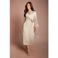Coast Women's Metallic Blouson Sleeve Tie Wrap Pleated Midi Dress in Gold | Size: 10