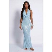 LEMONLUNAR Women's The Salome Sequin Maxi Dress Low Plunge in Blue | Size: Medium